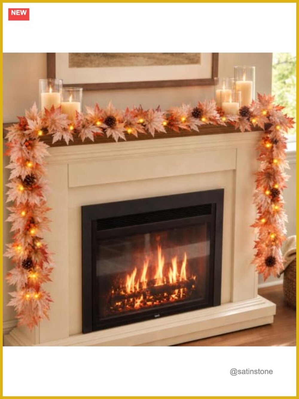 9FT Fall Garland with Lights Large Maple Leaves Berries Pinecones 50 Warm Bulbs